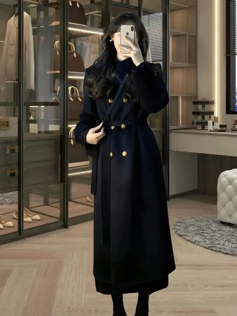 秋冬赫本风黑色毛呢大衣