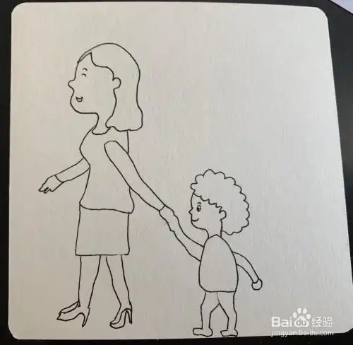 妈妈拉着小男孩的简笔画