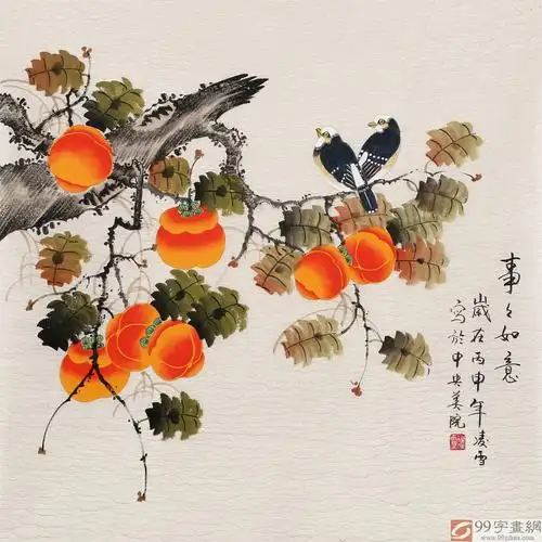 凌雪 四尺斗方《事事如意》 北京美协会员 - 柿柿如意 - 99字画网