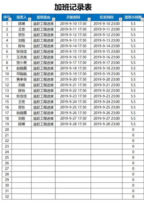 加班记录表excel表格模板