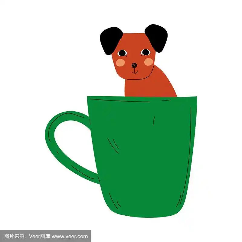 可爱的狗在绿色茶杯,可爱的小狗动物坐在咖啡杯矢量卡通插图