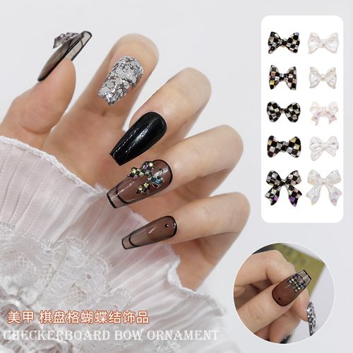 5g网红爆款棋盘格蝴蝶结美甲饰品经典格纹马赛克优雅少女心装饰品