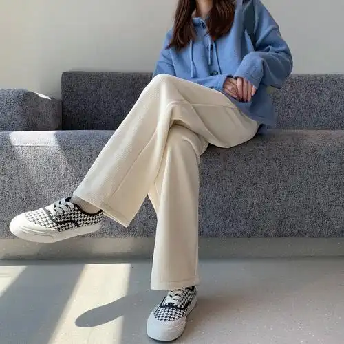 百搭灯芯绒阔腿裤女秋冬米色高腰直筒垂感条绒加绒加厚宽松拖地裤