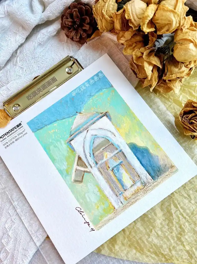 油画棒|亭寨(图文步骤)画纸:遵爵细纹水彩纸 画纸大小:19 - 抖音