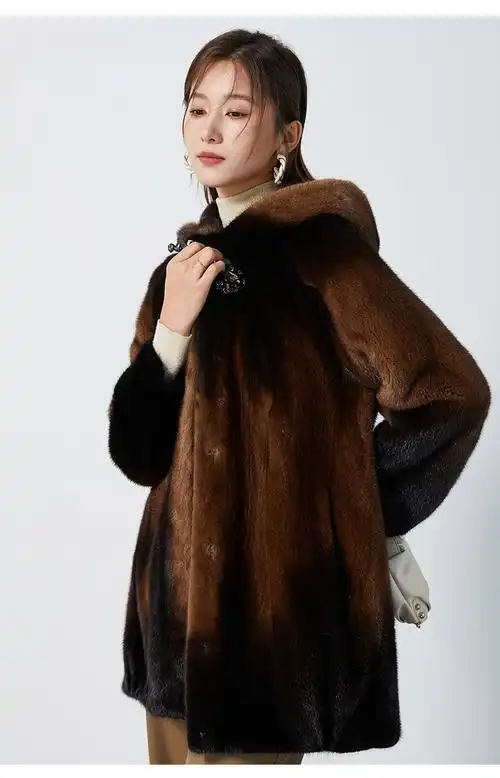 女士连帽水貂貂皮大衣进口水貂毛皮时尚中长款皮草外套