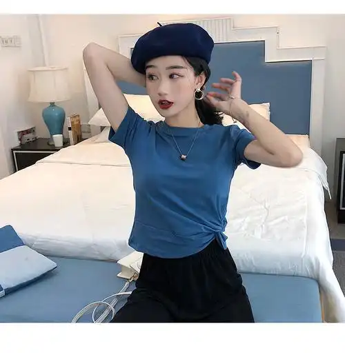 半截袖女短款雾霾蓝t恤短袖高腰紧身短装小心机风露脐上衣潮夏季 雾霾