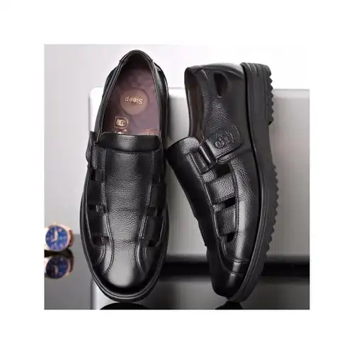 洞洞鞋男皮鞋中老年人夏季皮凉鞋子头层牛皮休闲鞋男士皮鞋防滑轻便