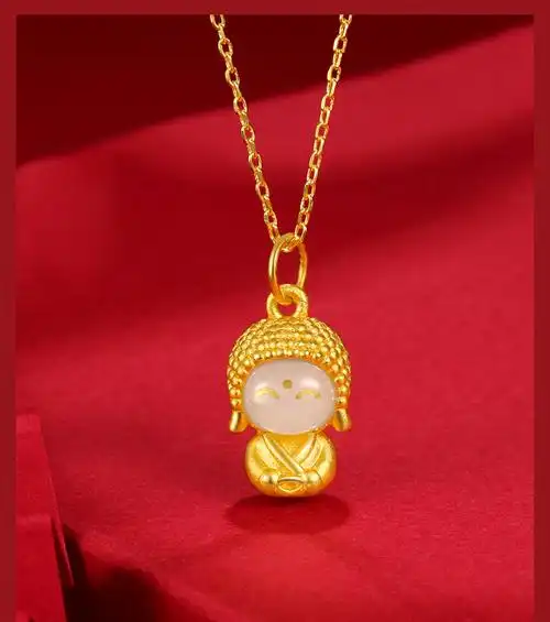 老凤凰萌佛999足金金镶玉吊坠开心玉面金佛和田玉项链女款3d硬金足金