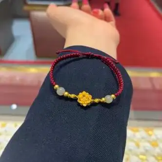 编织手链女士新款999足金莲蓬转运珠编绳母亲节礼物黄金莲花4金珠手绳