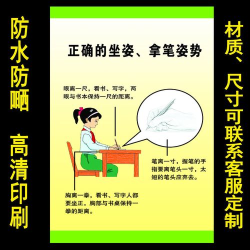 小学生正确握笔姿势图儿童书法背胶正确坐姿图写字规则墙贴画海报