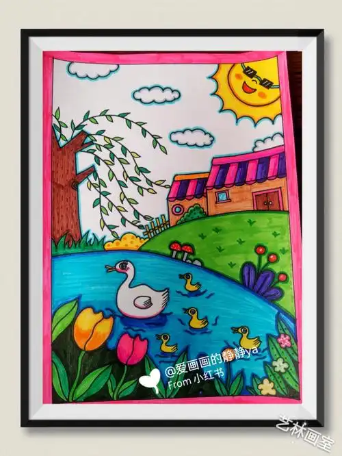 儿童创意春天彩笔风景装饰画春天鸭子戏水