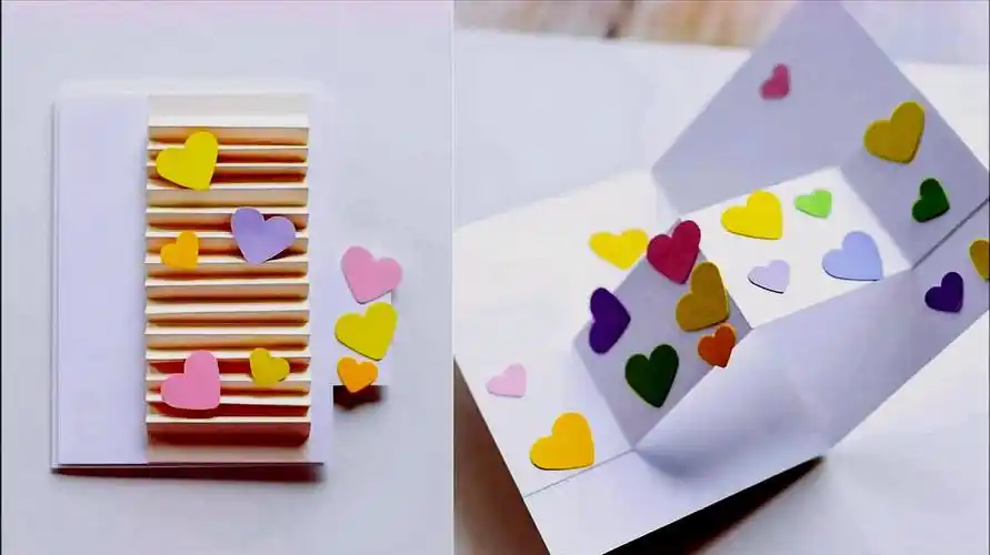 立体手工贺卡,展开后里面很多小爱心,制作方法简单