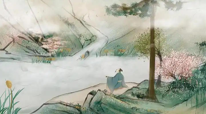 画旅游风景竹子竹林缆车背景图片春分春天桃花古装美女山水国画中国风