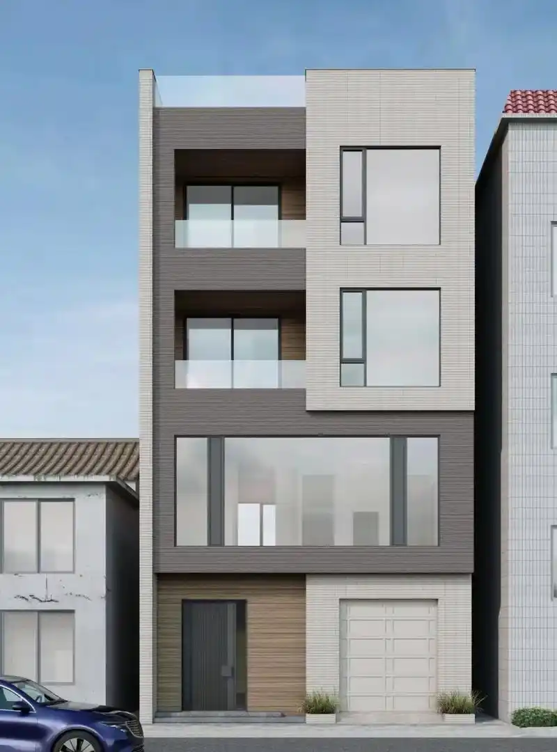 最近极流行的黑白灰外墙有了新元素的加入显得格外耀眼,红色和咖 - 抖