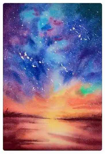 笔蘸取白色水粉(丙烯)颜料,在星空处敲撒白点,注意疏密关系,完成绘画