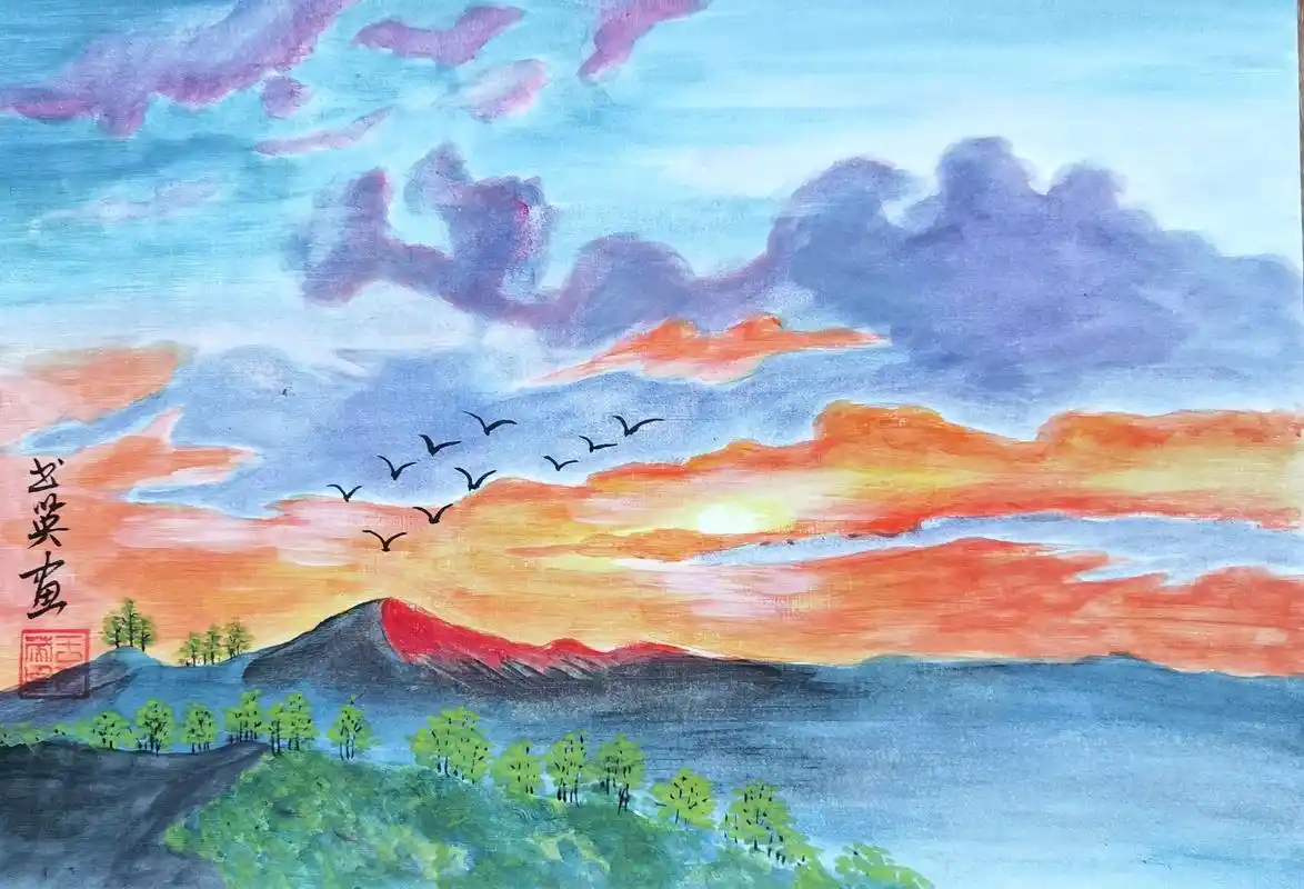 夕阳.#会意水墨画#名人名家书画商城#感恩所有的相遇 #愿所 - 抖音