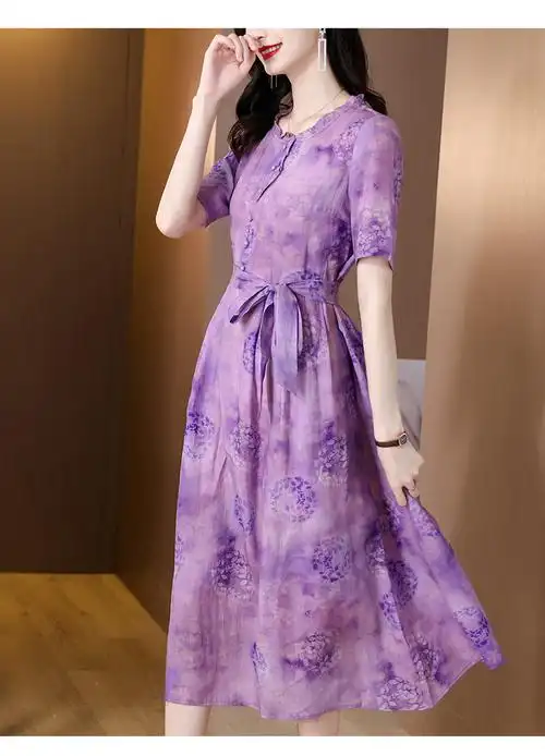 紫色苎麻碎花连衣裙女2022夏季新款妈妈洋气减龄流行棉麻裙子t恤6891m