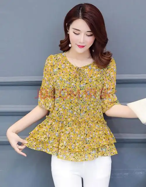 短袖雪纺衫女2019夏装新款大码韩版显瘦碎花遮肚子上衣百搭小衫潮 黄