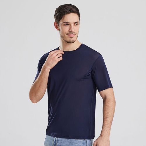 包邮夏季针织真丝男士短袖100%桑蚕丝t恤圆领汗衫凉爽舒适加大款