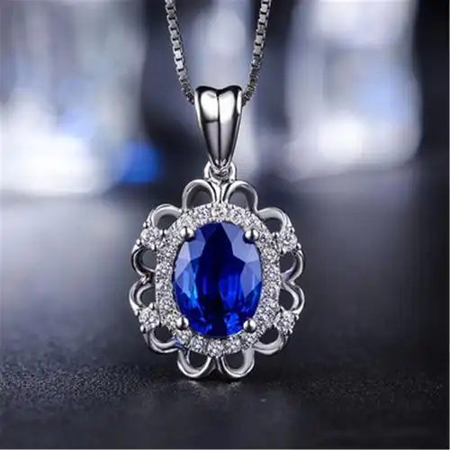 高档皇家蓝宝石吊坠女18k金镶钻彩色水晶吊坠锁骨链正品wish热卖