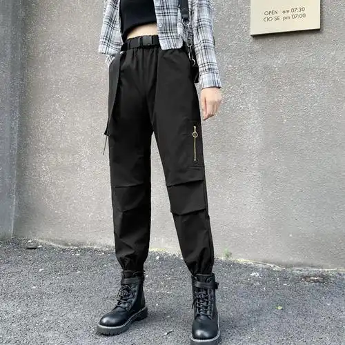 实拍2021 工装裤女高腰黑色裤子宽松bf直筒运动裤束脚百搭休闲裤