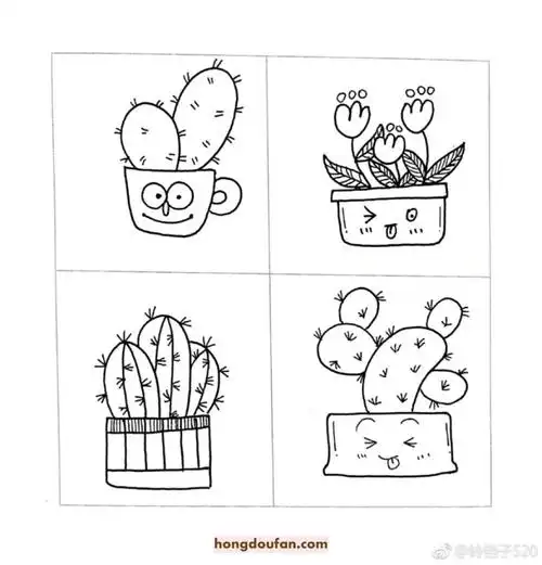 55哥绿色盆栽仙人掌小植物卡通儿童简笔画大全