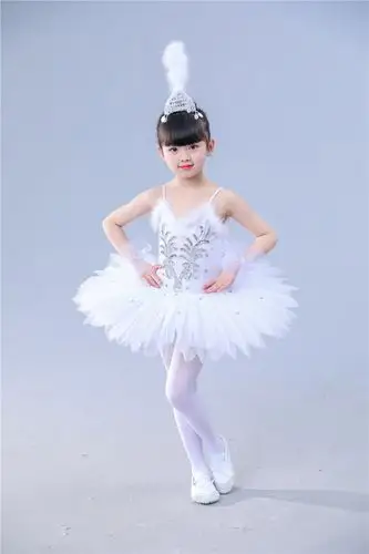 儿童小天鹅芭蕾舞服女 少儿吊带亮片蓬蓬白纱裙 成人天鹅湖演出服