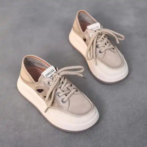 春款单鞋厚底女鞋真皮简约系带休闲鞋春季新款拼色低帮鞋牛皮