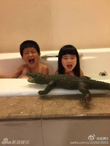 儿子joe和女儿姐姐一起洗澡玩耍的照片,两人模仿鳄鱼玩偶张大嘴的表情