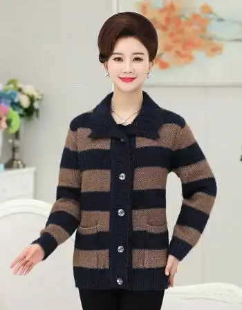中老年女装秋冬毛衣外套中年妈妈装针织衫大码奶奶装翻领毛衣加厚开衫