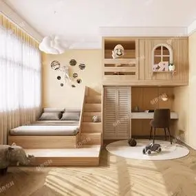 曲庭儿童房定制上下床双层床榻榻米交错式上床下桌衣柜一体高低高