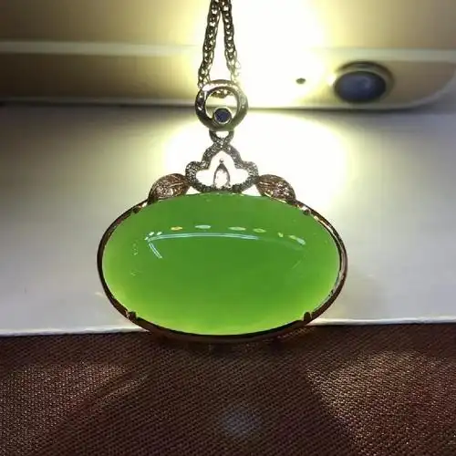 苹果绿旦形吊坠18k金镶钻石宝石女玉坠项链挂件玉牌玉石玉佩13216mm