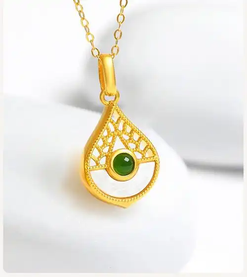 老凤祥风格999足金和田玉金镶玉吊坠女水滴黄金项链圆牌挂坠纯金妈妈