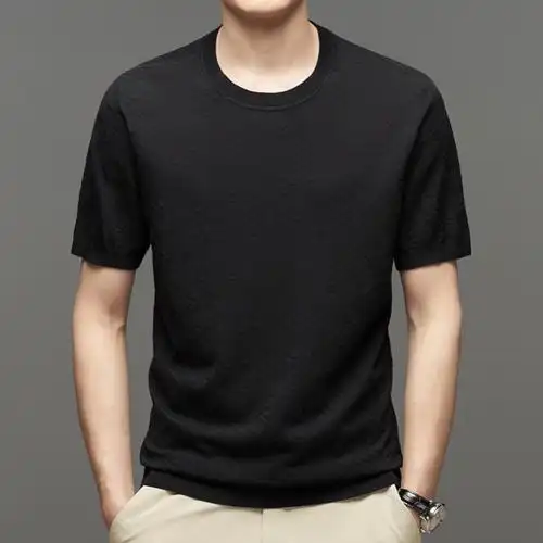 夏季桑蚕丝短袖t恤男圆领纯色冰丝潮流丝光棉男装半袖针织体恤衫