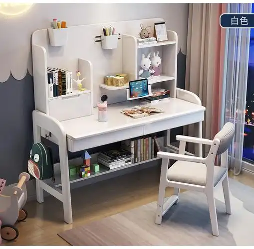 儿童学习桌 现代实木书桌椅组合小孩写字桌 家用粉色女孩学习写字书桌