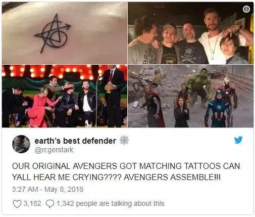 克里斯·海姆斯沃斯,斯嘉丽和杰瑞米为纪念《复联》纹了相同的纹身,我