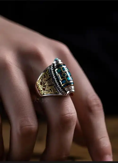 追属 六字真言戒指 九眼天珠戒指可旋转泰六字真言复古霸气指环 天珠