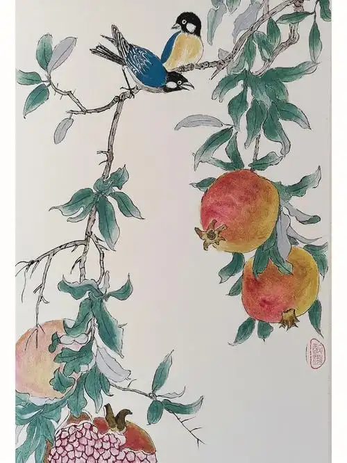 国画写意花鸟石榴