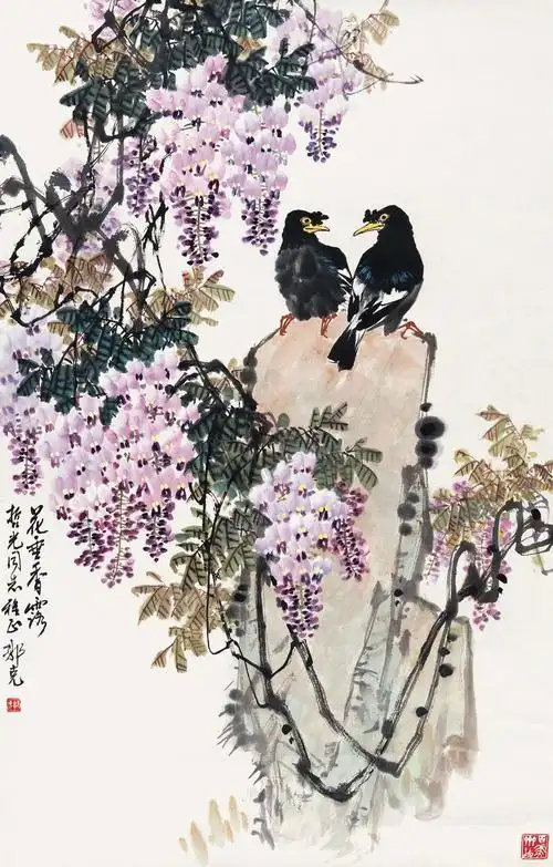 名家花鸟画《紫藤八哥》欣赏