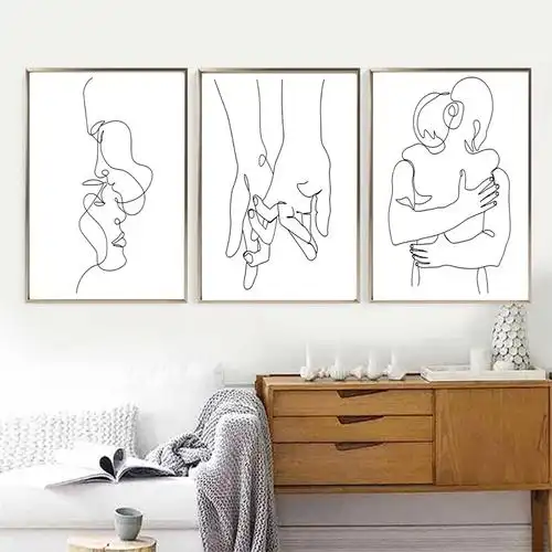深圳工厂抽象线条女人帆布画芯 喷绘情侣相吻黑白极简客厅装饰画