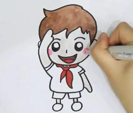 然后开始涂色,眼睛涂黑,头发涂棕,嘴巴和红领巾都涂红,还要画出腮红.