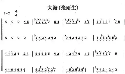 大海张雨生c大调初学者简易好听版钢琴双手简谱钢琴谱钢琴简谱