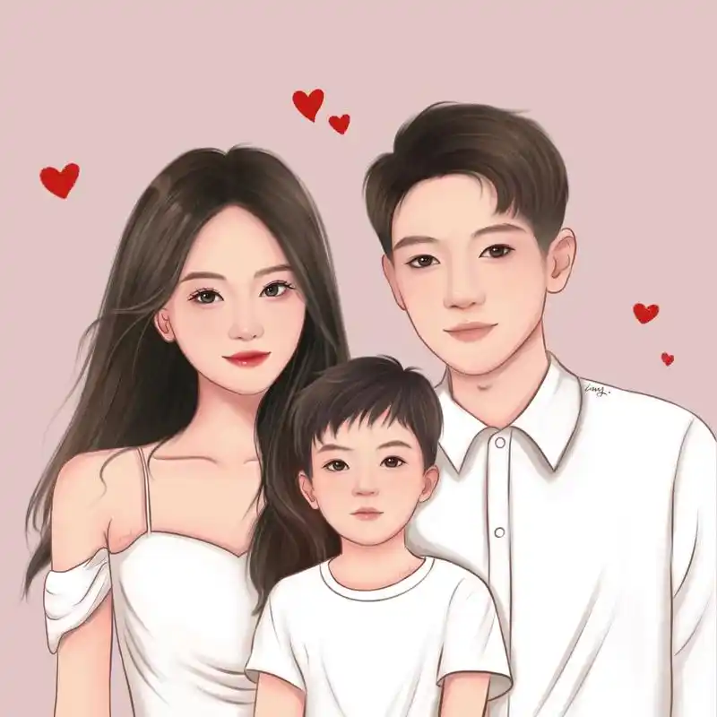 一家三口幸福全家福/手绘头像/七夕快乐 小人间~小县城~小人物 哪会