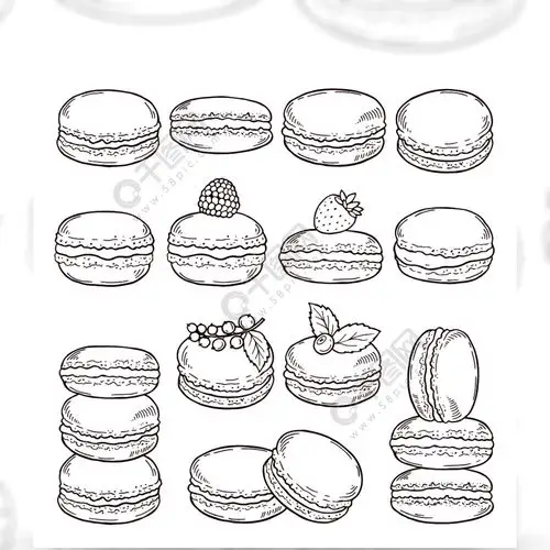 巴黎美食的手绘插图口味各异的美味杏仁饼蛋白杏仁饼干甜饼干法国饼干