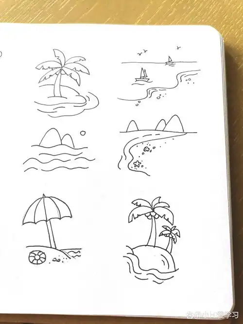 94|简笔画|海岛旅游元素|大海沙滩椰树