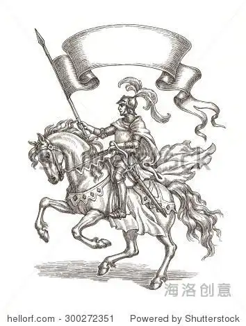 original ink and pen drawing knight on a horse with a flag.