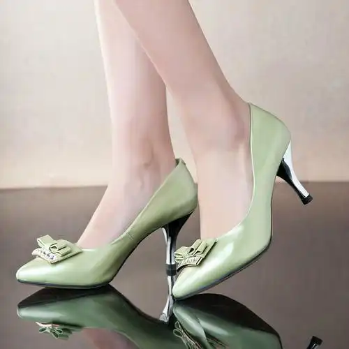 欧美时尚新款真皮女鞋单鞋批发时尚蝴蝶结细高跟尖头女单鞋