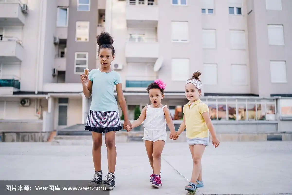 女孩,手牵手,三个人,活力,家庭