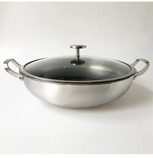 库存36cm大号炒锅家用304不锈钢炒菜锅平底不粘锅双耳带盖36cm大口径