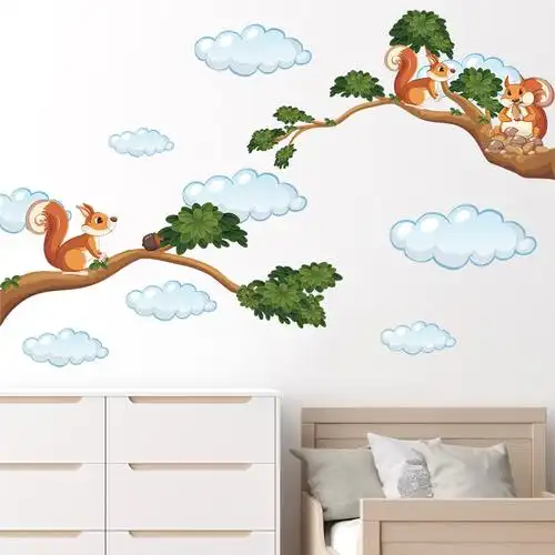 树枝小松鼠自粘墙贴卡通可爱儿童房间幼儿园教室装饰贴纸br0373e